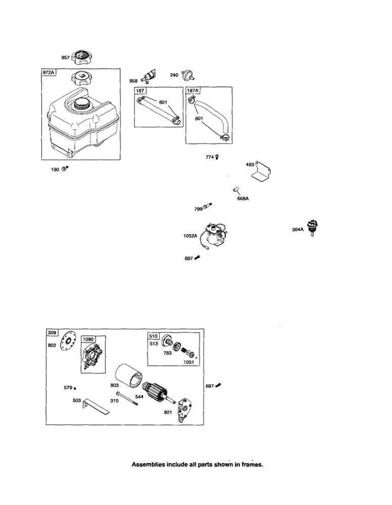 Starter Motor/Fuel Tank Diagram and Parts List for 210400 0035-0570 Briggs and Stratton Engine